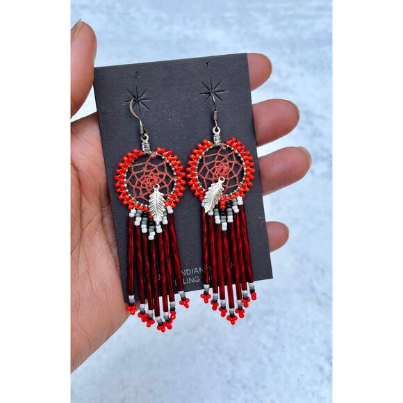 Sterling Silver Dream Catcher Red Glass Dangle Earrings Crochet - Picture 1 of 8
